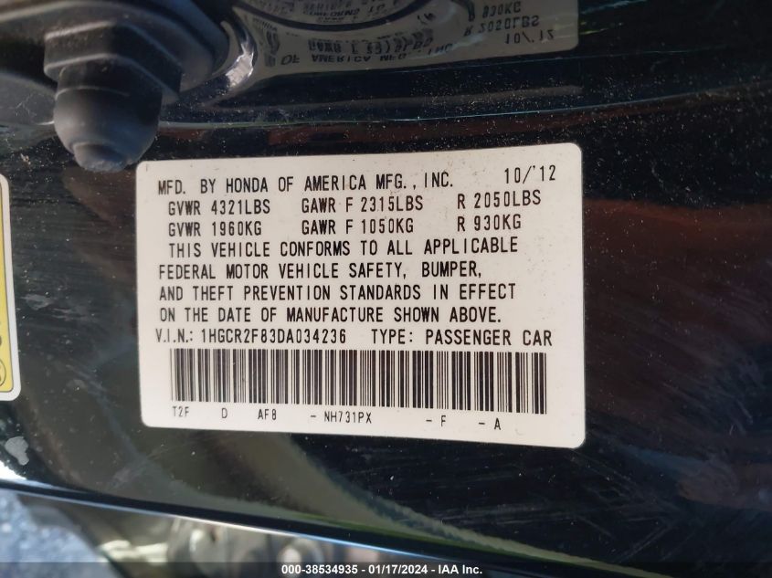 2013 HONDA ACCORD EX-L - 1HGCR2F83DA034236
