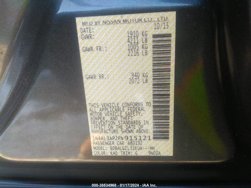 2015 NISSAN ALTIMA 2.5 S - 1N4AL3AP2FN915121