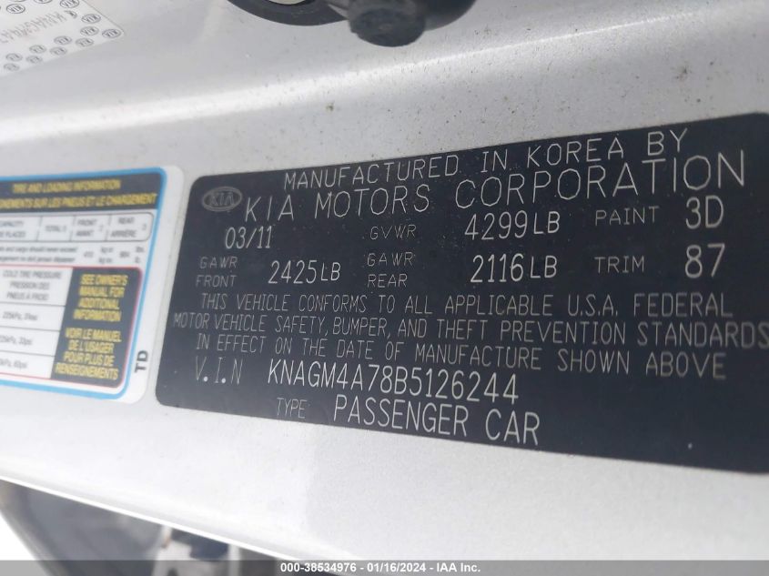 KNAGM4A78B5126244 | 2011 KIA OPTIMA