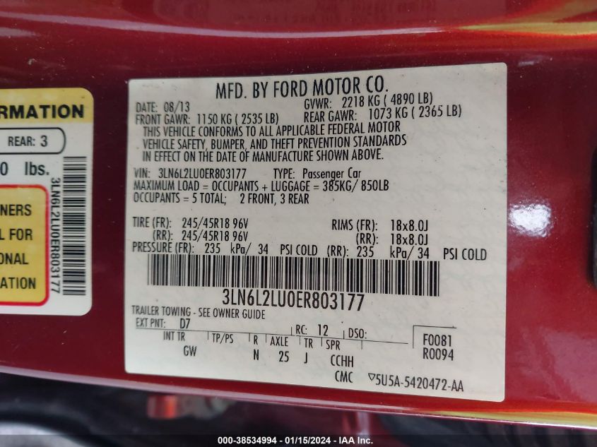 2014 LINCOLN MKZ HYBRID - 3LN6L2LU0ER803177