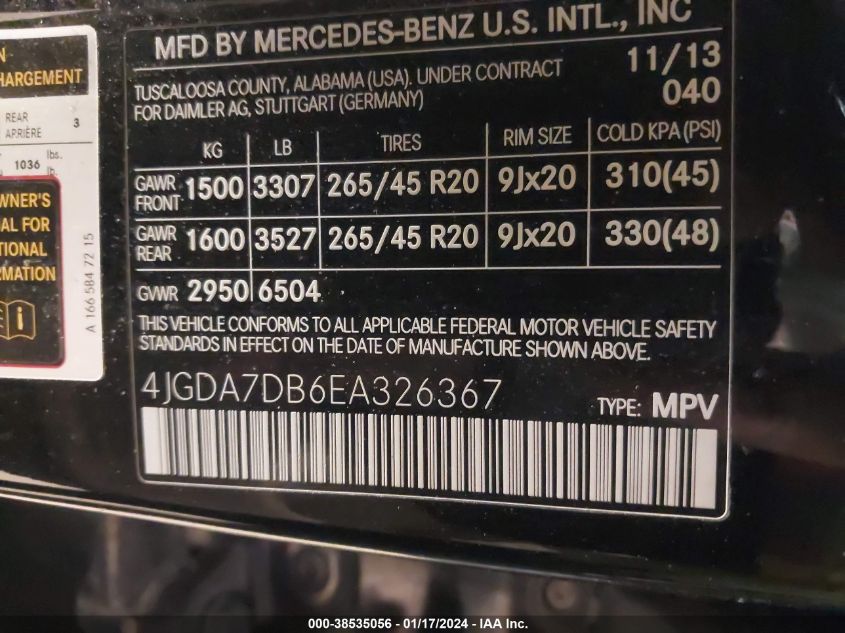 2014 MERCEDES-BENZ ML 550 4MATIC 4JGDA7DB6EA326367