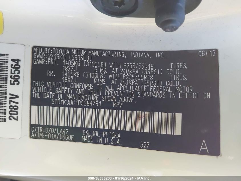 2013 TOYOTA SIENNA LIMITED V6 7 PASSENGER - 5TDYK3DC1DS384781