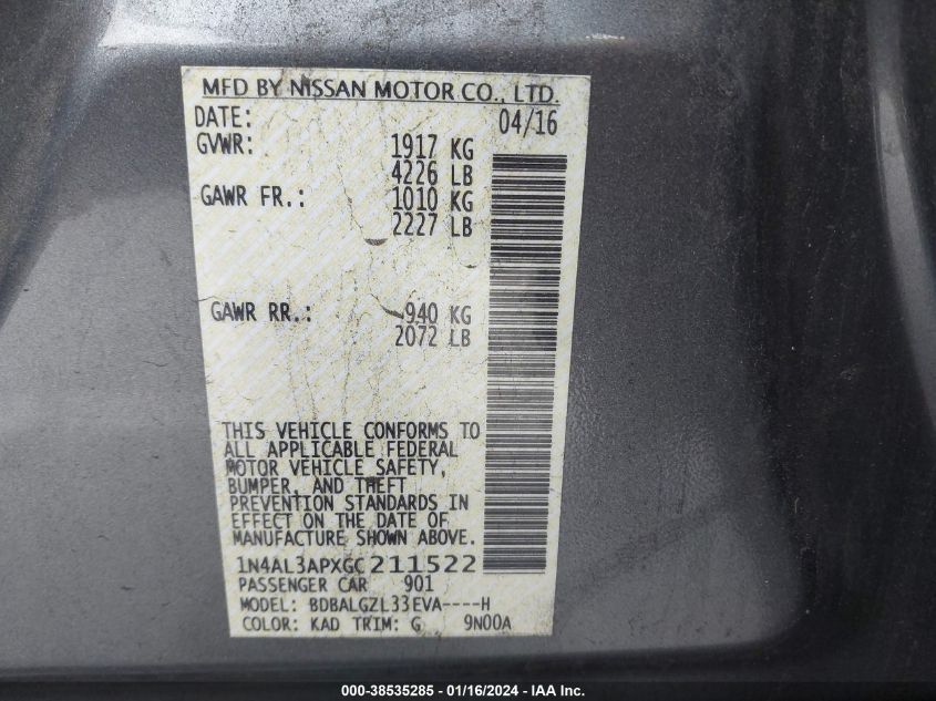 2016 NISSAN ALTIMA 2.5/S/SV/SL/SR - 1N4AL3APXGC211522