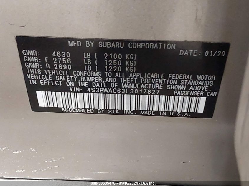 2020 SUBARU LEGACY PREMIUM - 4S3BWAC63L3017827