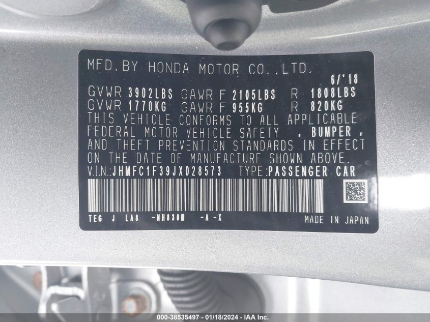2018 HONDA CIVIC EX JHMFC1F39JX028573