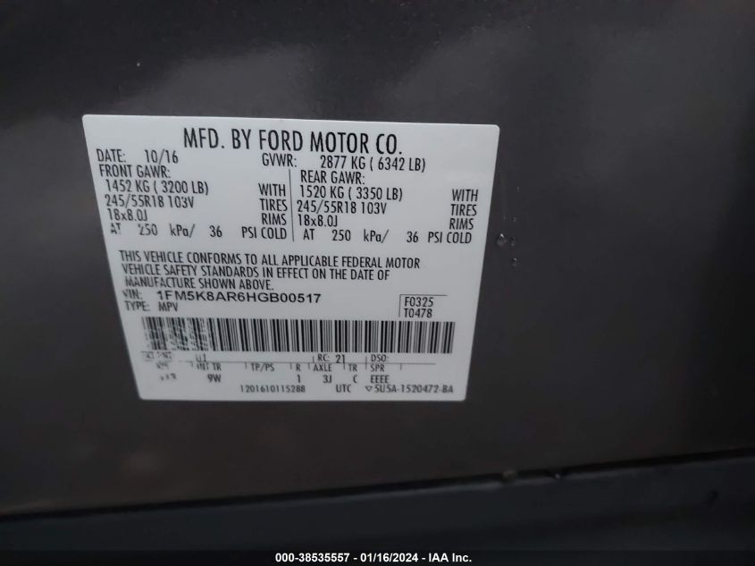 2017 FORD UTILITY POLICE INTERCEPTOR 1FM5K8AR6HGB00517