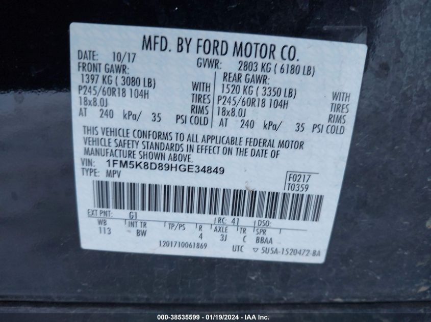 2017 FORD EXPLORER XLT - 1FM5K8D89HGE34849
