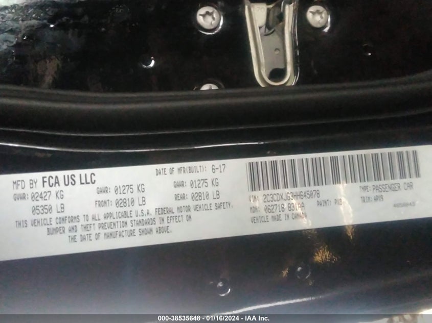 VIN 2C3CDXJG3HH645078 2017 DODGE CHARGER SXT