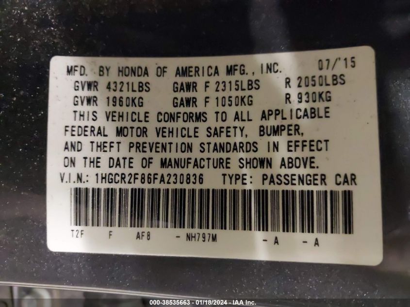 2015 HONDA ACCORD EXL - 1HGCR2F86FA230836