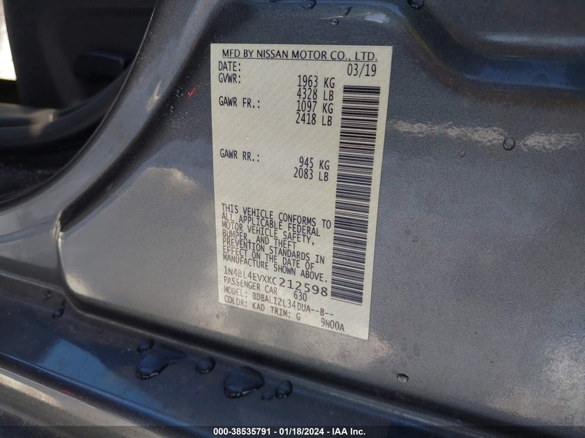 VIN 1N4BL4EVXKC212598 2019 NISSAN ALTIMA SL