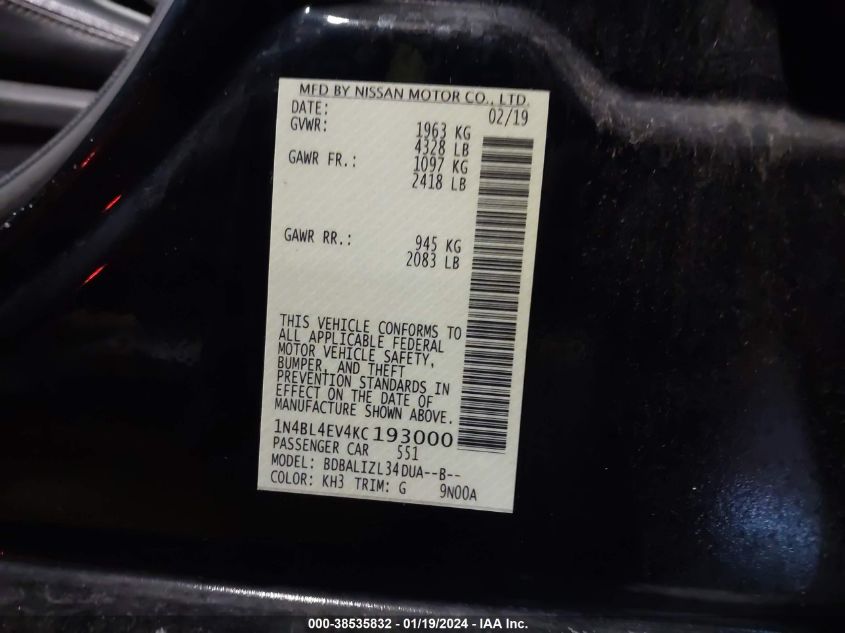 2019 NISSAN ALTIMA SL - 1N4BL4EV4KC193000