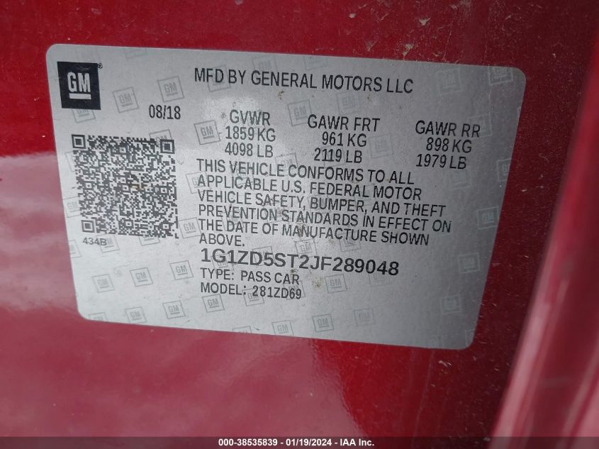 2018 CHEVROLET MALIBU LT - 1G1ZD5ST2JF289048