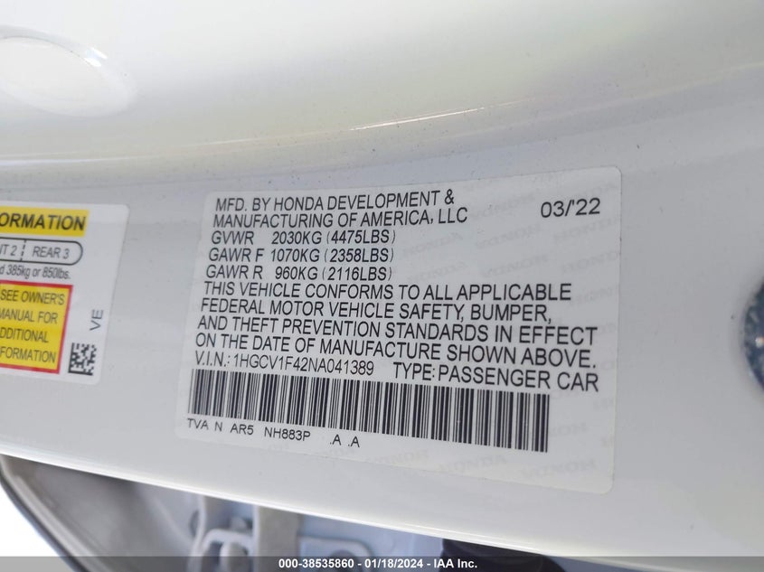 VIN 1HGCV1F42NA041389 2022 HONDA ACCORD SPORT SE