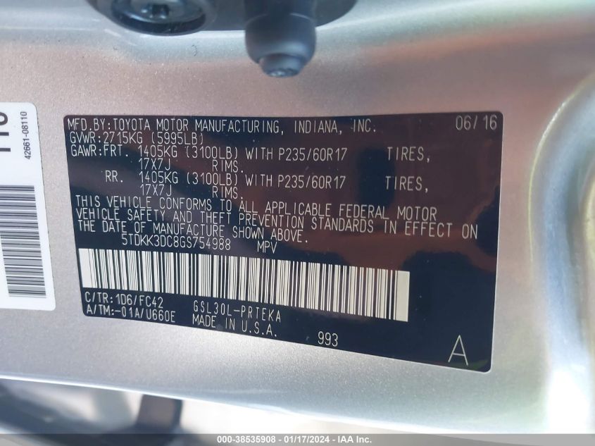2016 TOYOTA SIENNA LE - 5TDKK3DC8GS754988