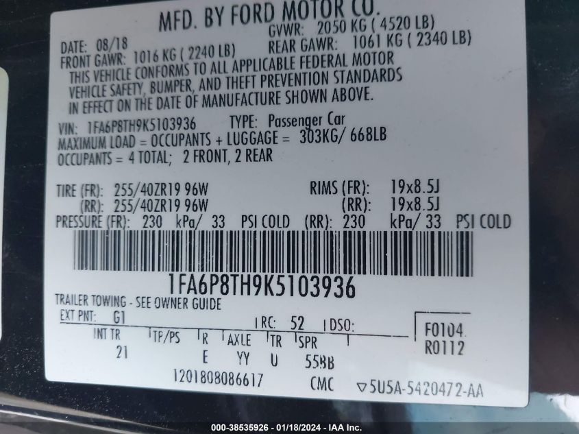 2019 FORD MUSTANG ECOBOOST - 1FA6P8TH9K5103936