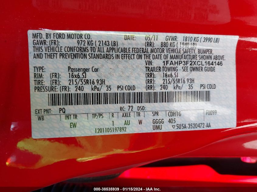 1FAHP3F2XCL164146 | 2012 FORD FOCUS