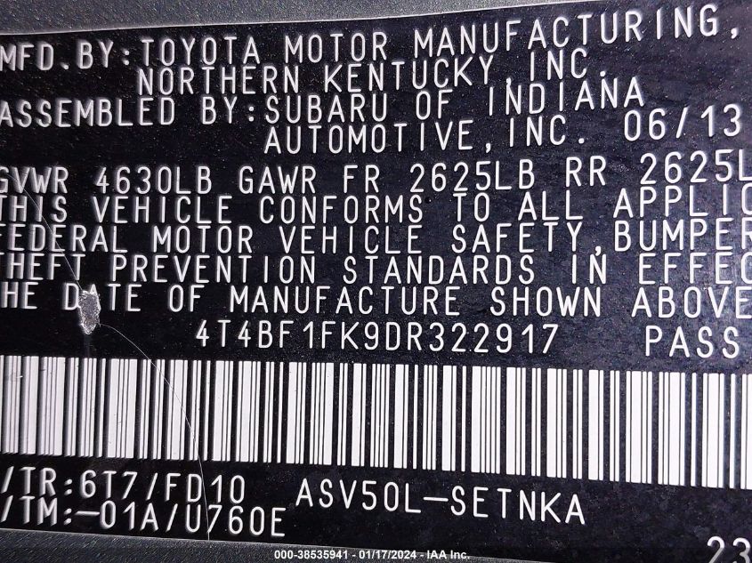 2013 TOYOTA CAMRY LE - 4T4BF1FK9DR322917