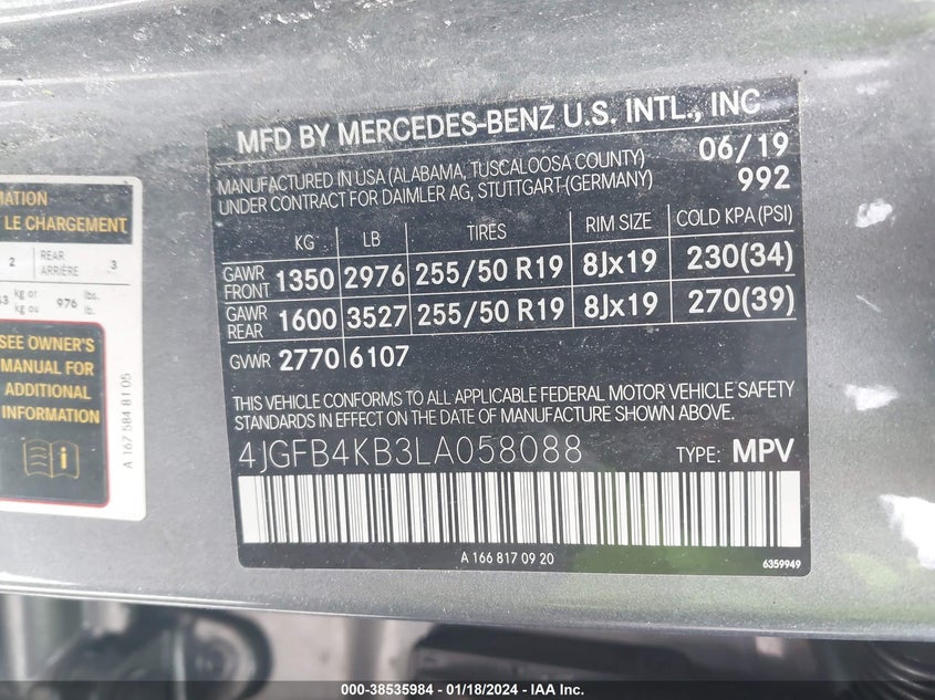 VIN 4JGFB4KB3LA058088 2020 MERCEDES-BENZ GLE 350 4MATIC
