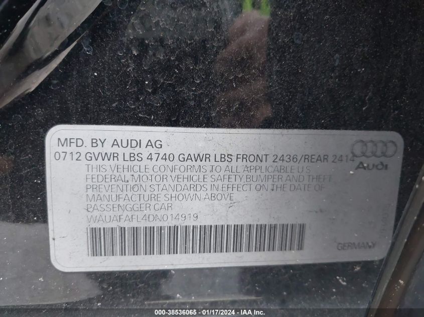 2013 AUDI A4 PREMIUM - WAUAFAFL4DN014919