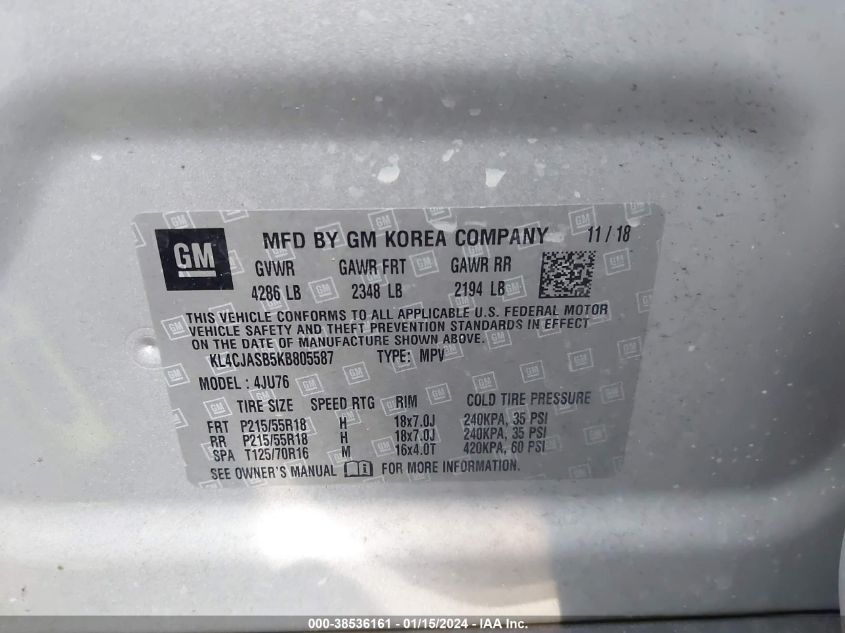 KL4CJASB5KB805587 2019 BUICK ENCORE, photo no. 9