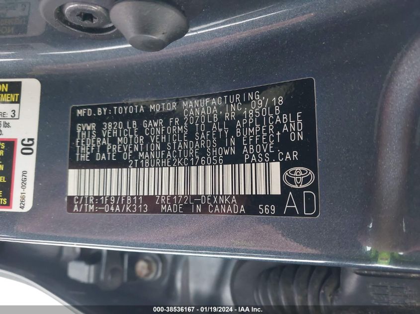 2019 TOYOTA COROLLA LE - 2T1BURHE2KC176056