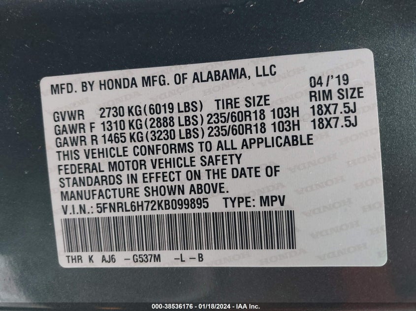 VIN 5FNRL6H72KB099895 2019 HONDA ODYSSEY EXL