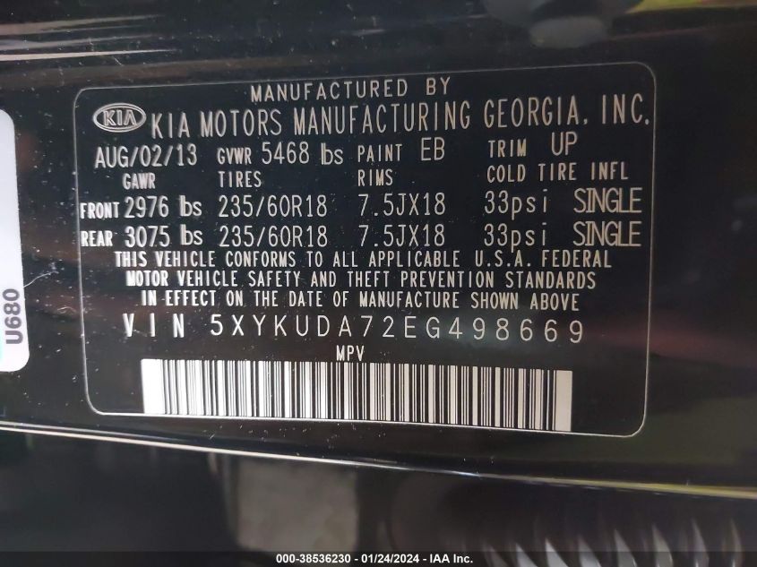 2014 KIA SORENTO EX V6 - 5XYKUDA72EG498669