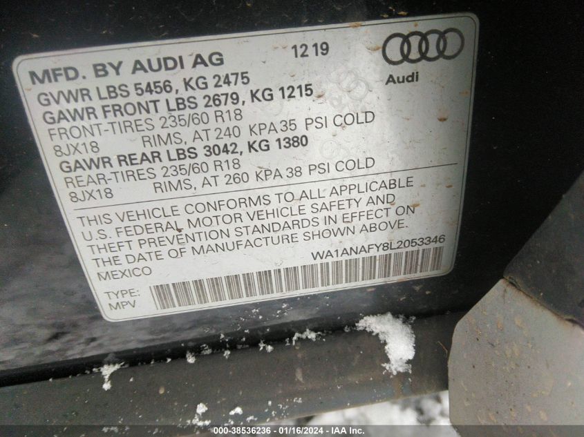 2020 AUDI Q5 PREMIUM 45 TFSI QUATTRO S TRONIC - WA1ANAFY8L2053346