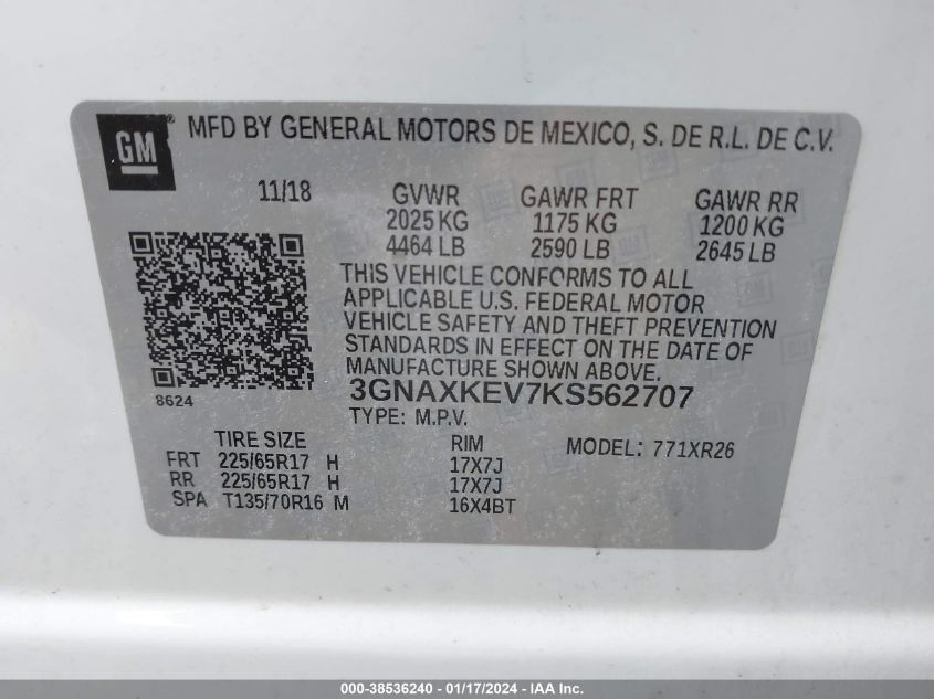 2019 CHEVROLET EQUINOX LT - 3GNAXKEV7KS562707