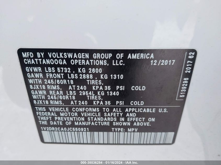 2018 VOLKSWAGEN ATLAS SE - 1V2DR2CA0JC550921