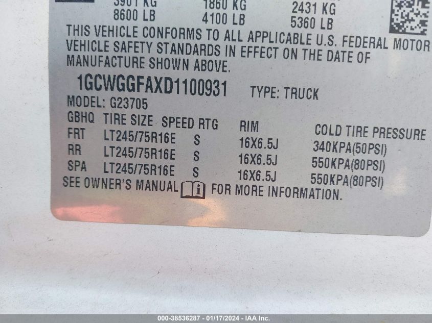 2013 CHEVROLET EXPRESS 2500 WORK VAN 1GCWGGFAXD1100931