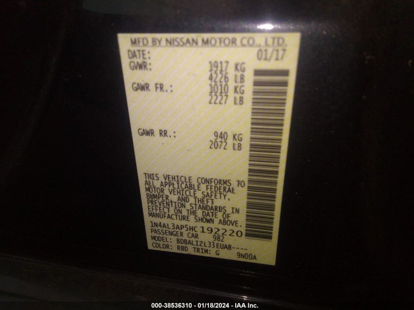 2017 NISSAN ALTIMA 2.5 SV - 1N4AL3AP5HC192220