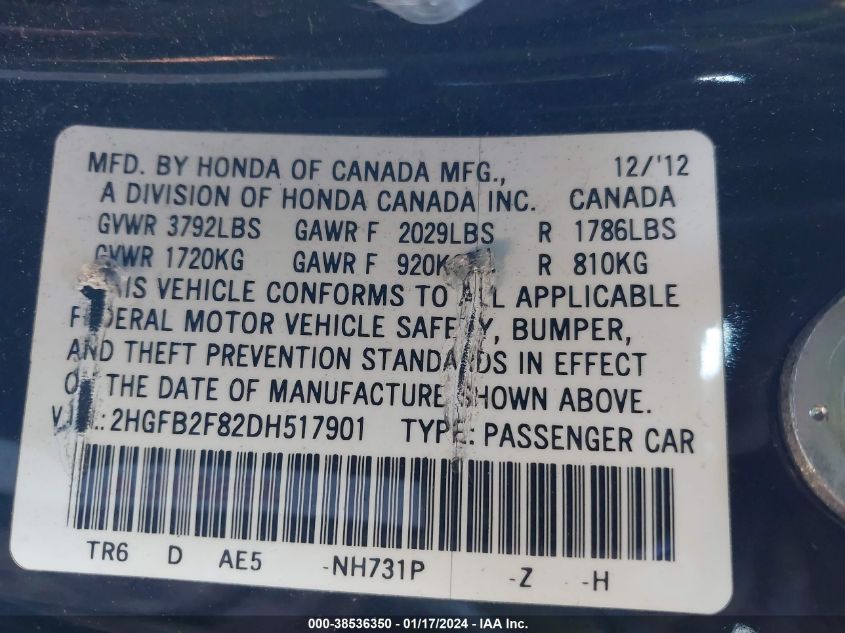 2013 HONDA CIVIC EX - 2HGFB2F82DH517901