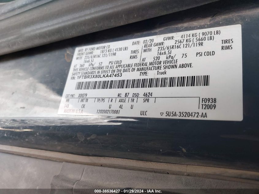 2020 FORD TRANSIT-250 CARGO VAN - 1FTBR3X80LKA47453