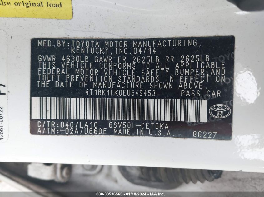 2014 TOYOTA CAMRY XLE V6 - 4T1BK1FK0EU549453