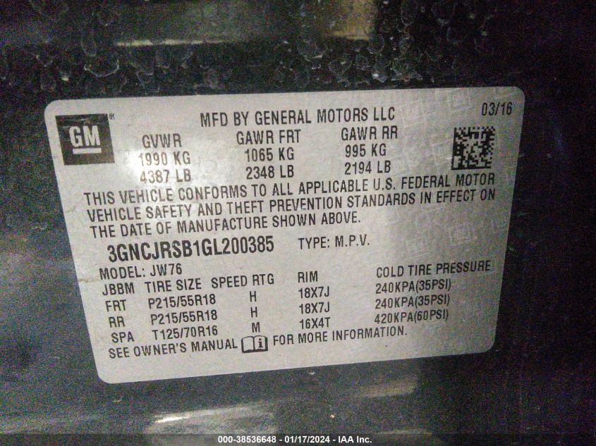 2016 CHEVROLET TRAX LTZ - 3GNCJRSB1GL200385
