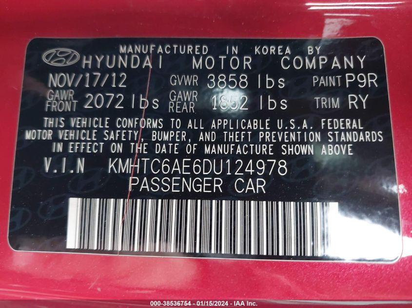 2013 HYUNDAI VELOSTER TURBO W/BLACK INT - KMHTC6AE6DU124978