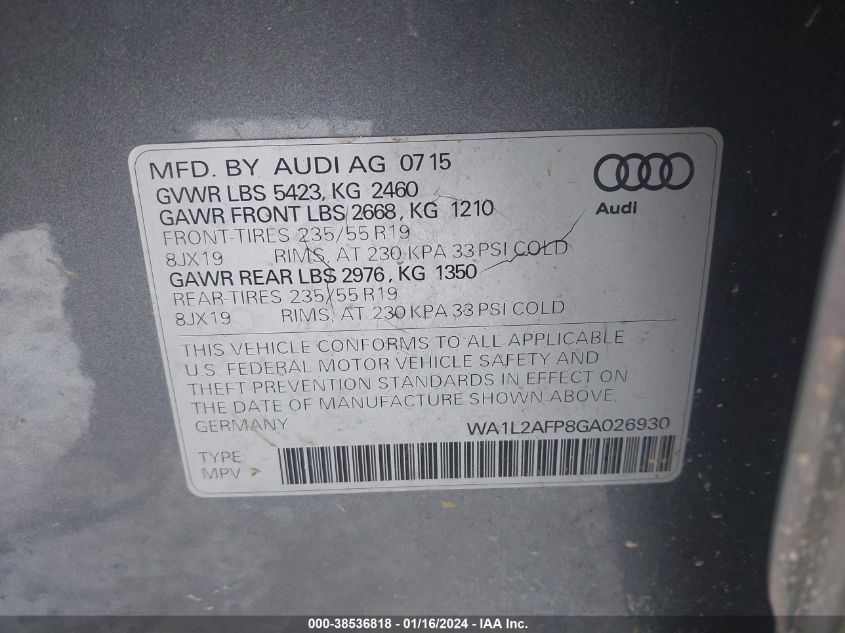 2016 AUDI Q5 2.0T PREMIUM - WA1L2AFP8GA026930