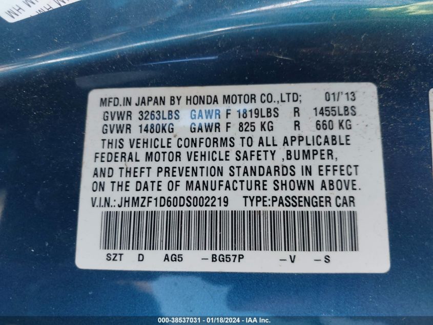 2013 HONDA CR-Z EX JHMZF1D60DS002219