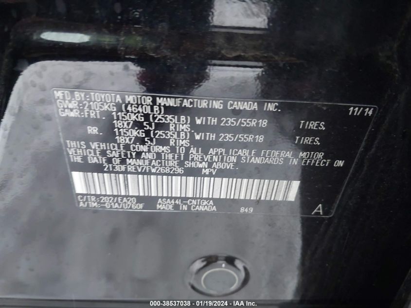 2015 TOYOTA RAV4 LIMITED - 2T3DFREV7FW268296
