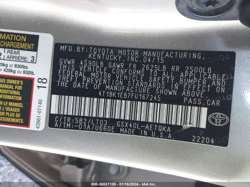 2015 TOYOTA AVALON XLE TOURING - 4T1BK1EB7FU167245