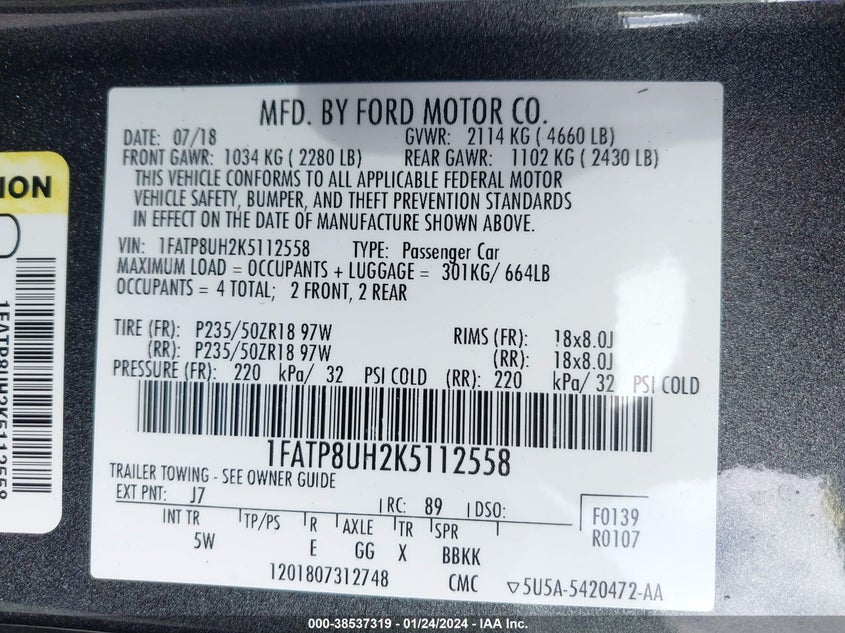 VIN 1FATP8UH2K5112558 2019 FORD MUSTANG