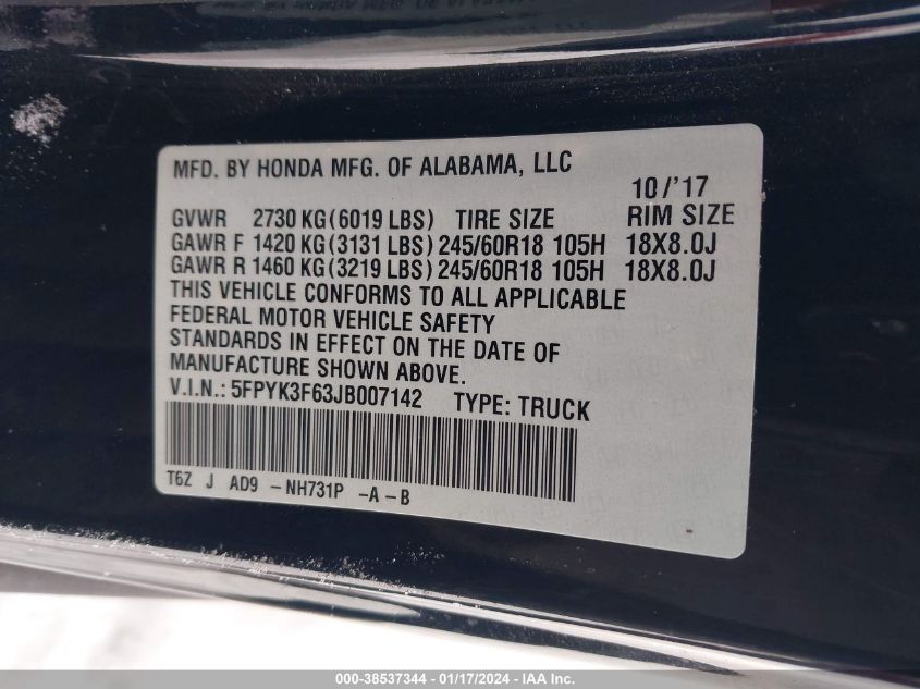 2018 HONDA RIDGELINE RTL - 5FPYK3F63JB007142