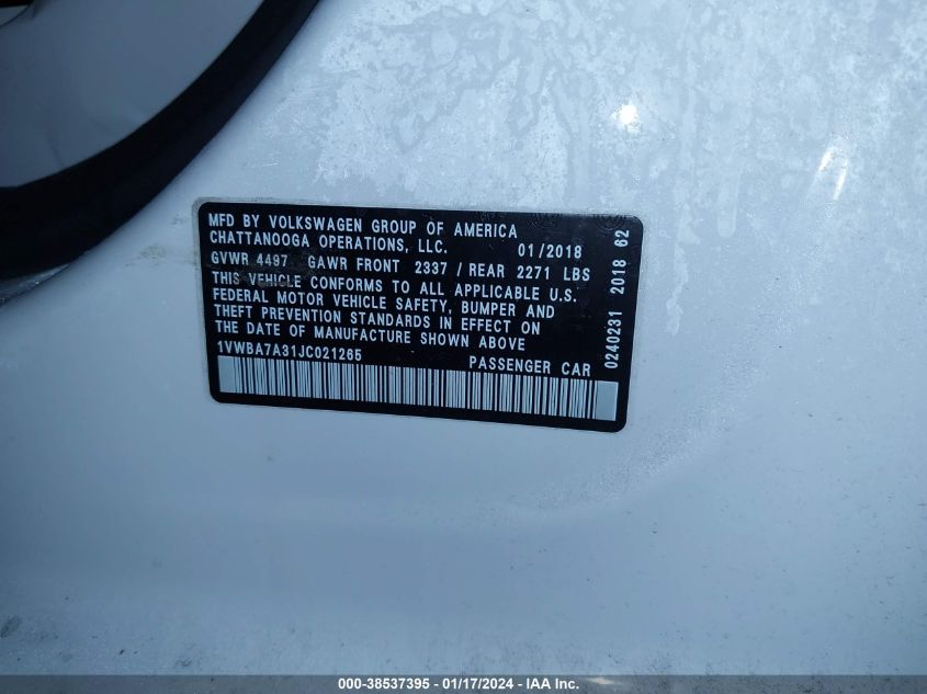 2018 VOLKSWAGEN PASSAT SE - 1VWBA7A31JC021265