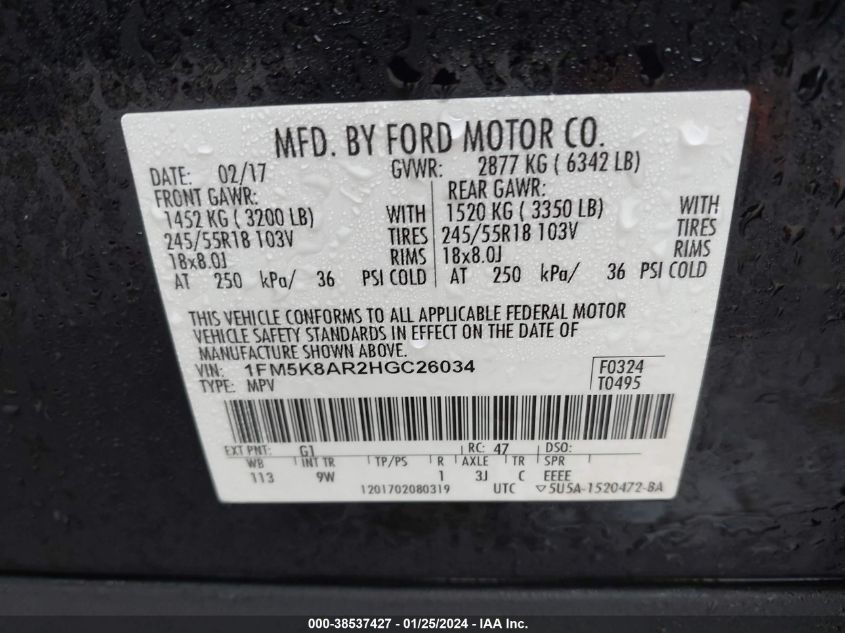 2017 FORD UTILITY POLICE INTERCEPTOR 1FM5K8AR2HGC26034