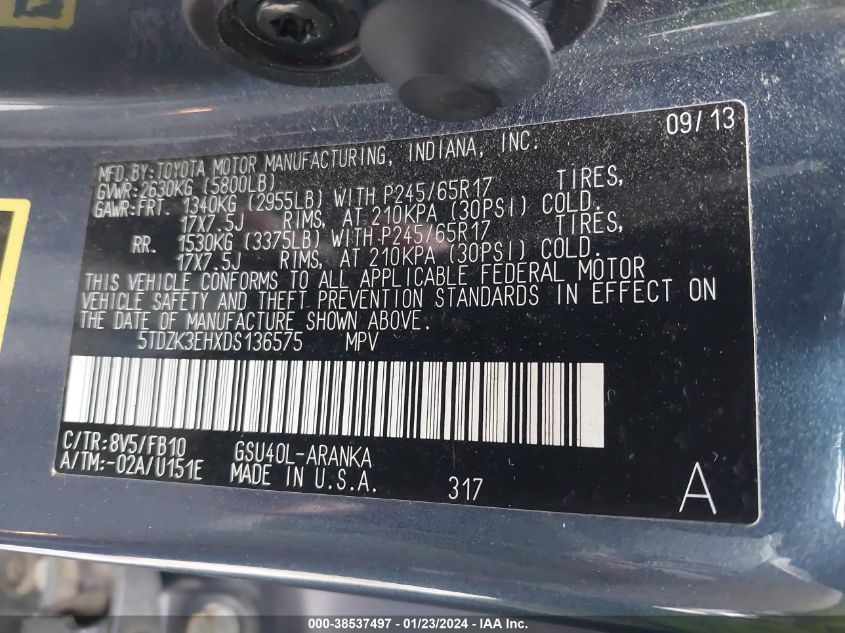 2013 TOYOTA HIGHLANDER BASE V6 - 5TDZK3EHXDS136575