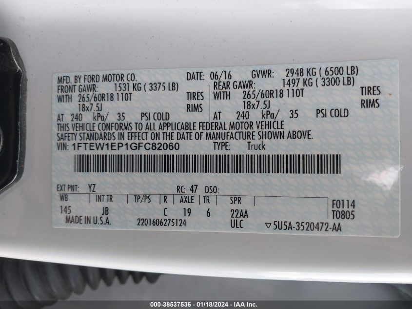 2016 FORD F-150 XLT - 1FTEW1EP1GFC82060