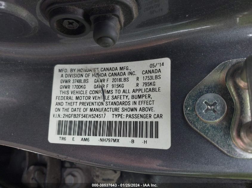 2014 HONDA CIVIC LX - 2HGFB2F54EH524517