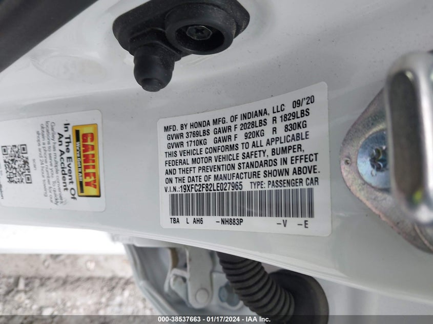 VIN 19XFC2F82LE027965 2020 HONDA CIVIC SPORT
