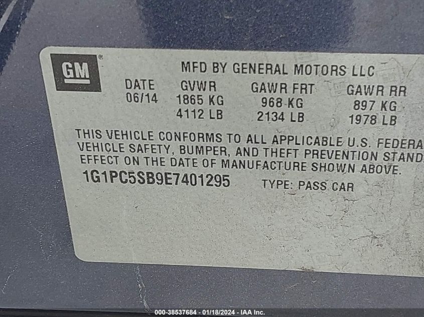 2014 CHEVROLET CRUZE 1LT AUTO - 1G1PC5SB9E7401295